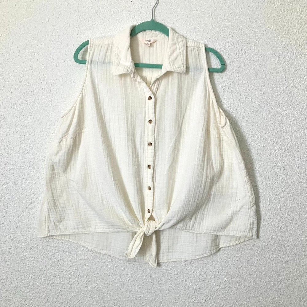 Terra Sky Top Womens 1X Gauzy Cotton Sleeveless Tie Front Blouse Cream Boho